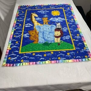 Hand Made Baby Crib Blanket W/Rainbow Satin Trim With Animals Reversible Quilt